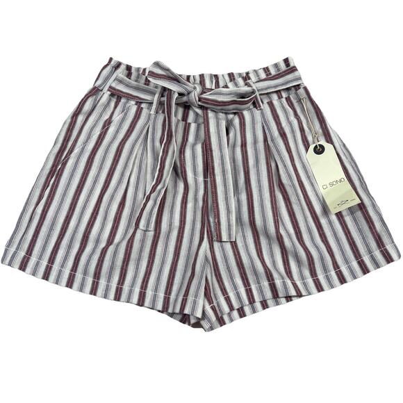 Ci Sono Shorts Womens Small Linen Blend Striped Attached Waist Tie Pockets Beach - Picture 1 of 10